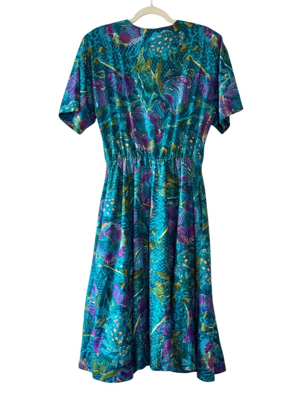 Vintage 80s Melissa Teal Abstract Tropical Print Midi Dress Pockets - Large - Picture 6 of 10
